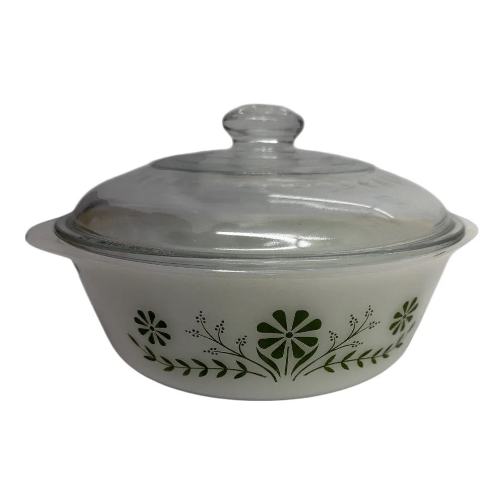 Glasbake Green Daisy W/Lid Casserole Dish 1.5 Qt Milk Glass J-2600